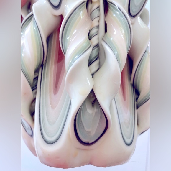 Handmade Carved Candle White with shades of green & shell, pink 12.5" h x 5.5"w - Picture 6 of 14